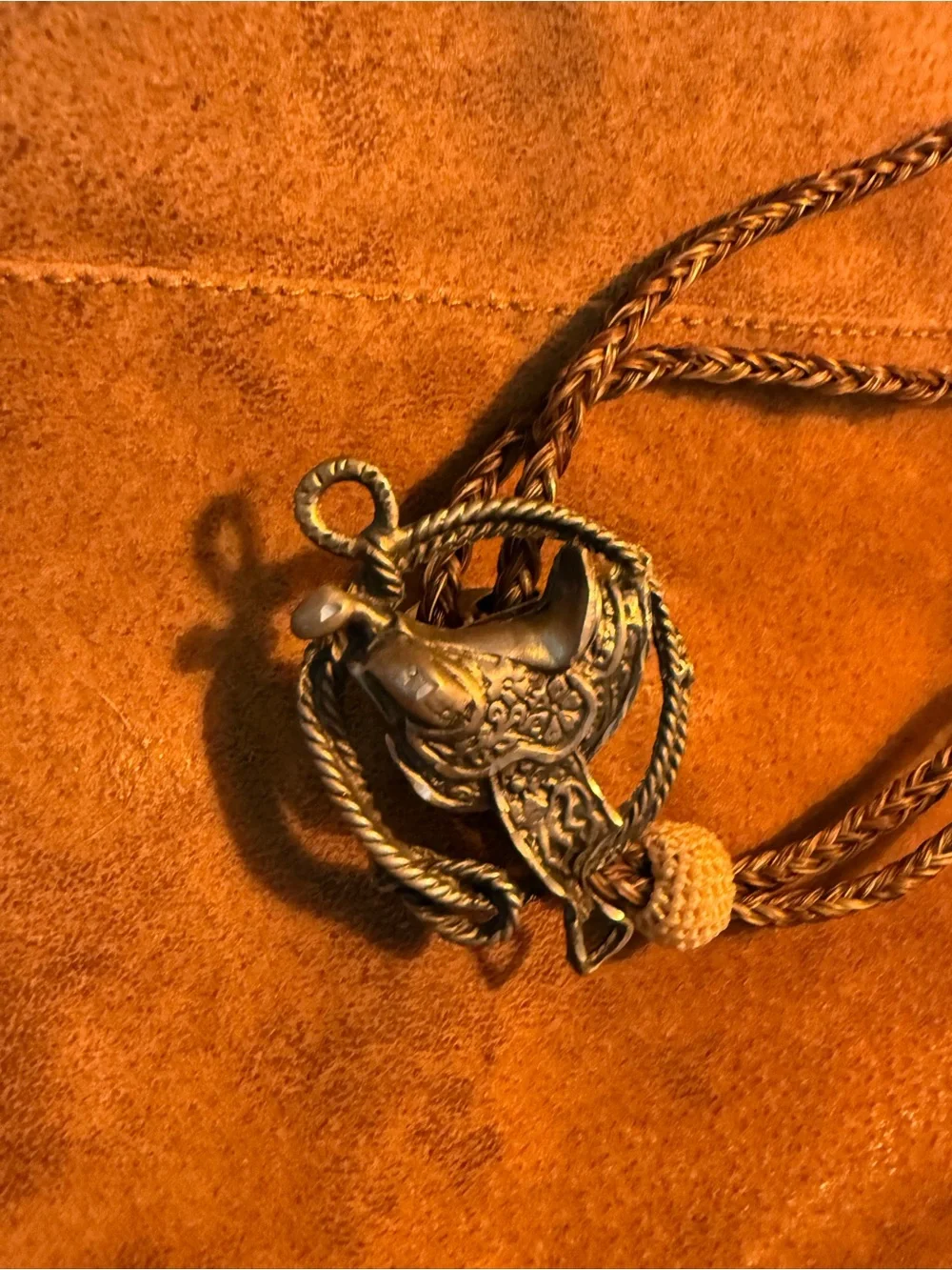 Vintage Western Bolo Tie pewter a saddle Horsehair and Barrel beads Lrg.